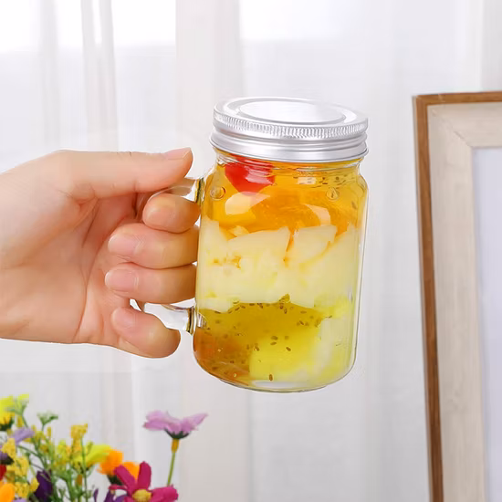 8オンス スクエア ガラス メイソンジャー マグ ハンドルとシルバー蓋付き ドリンク レモネード ビール ミルクシェイク スムージー ジャム用